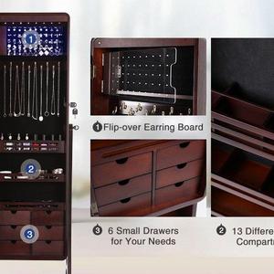 SONGMICS 8 LEDs Jewelry Cabinet with Bevel Edge Full Length Mirror, Lockable Floor Standing Jewelry Armoire Organizer, 6 Drawers Brown UJJC89K