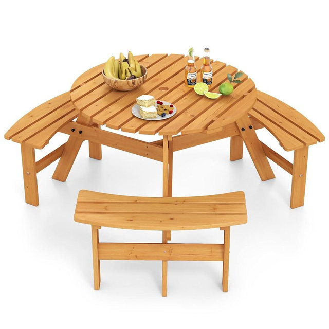 Giantex 6-Person Round Picnic Table Set with 3 Benches, 550 LBS Bench Capacity, 2" Umbrella Hole, Circular Outdoor Wood Dining Table & Chairs for Patio Yard Garden Porch Deck (68”x62”x28”,Yellow)