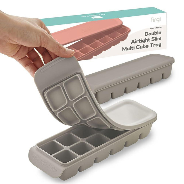 Firgi 12 Section-0.5oz, Gray 100% Food Grade Silicone Ice Cube Tray Food Container with Airtight Locking Lid, Fruit Vegetable Purees, Breastmilk Storage for Baby & Toddler Food | BPA Free Korea Made