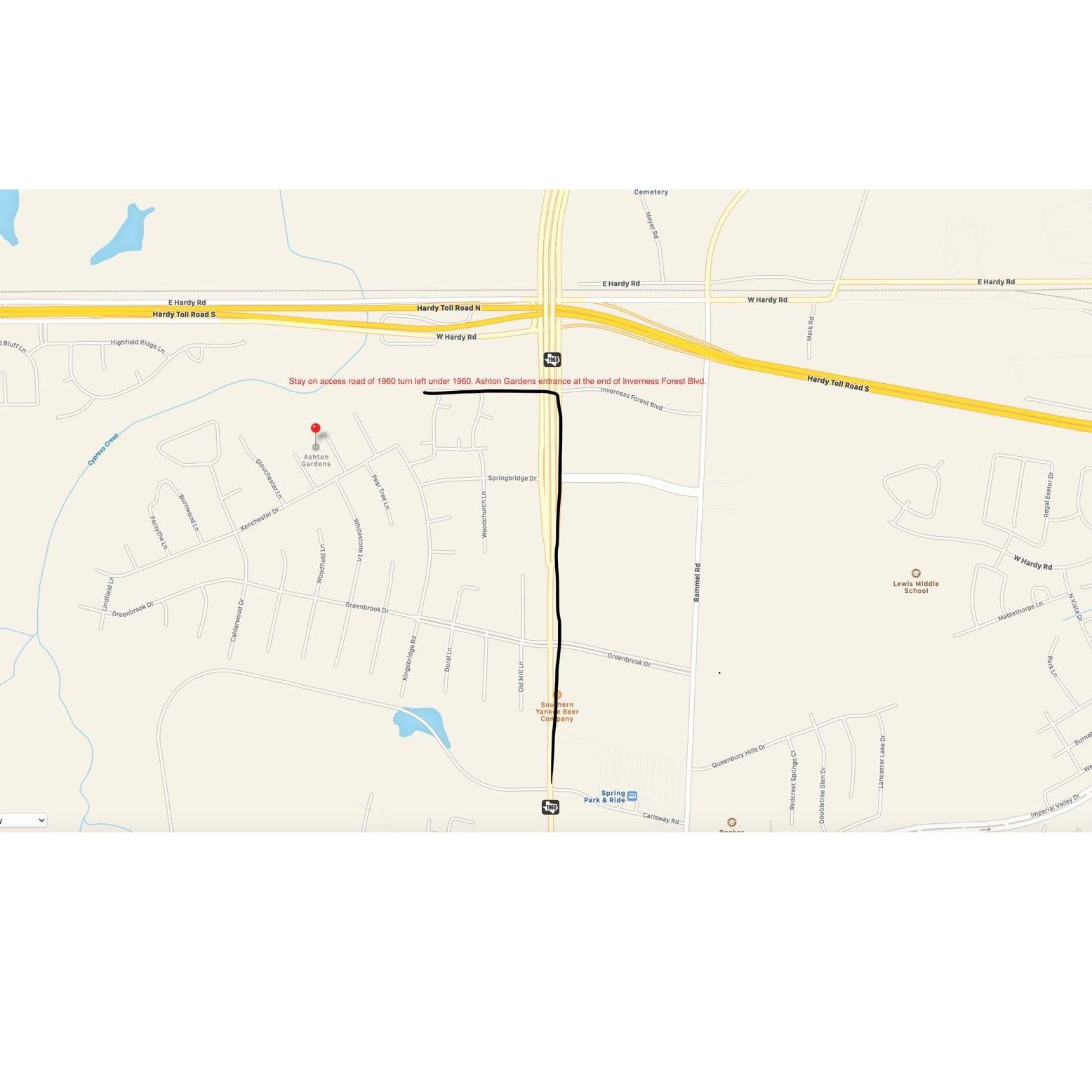 Drawn out directions to Ashton Gardens North Houston.