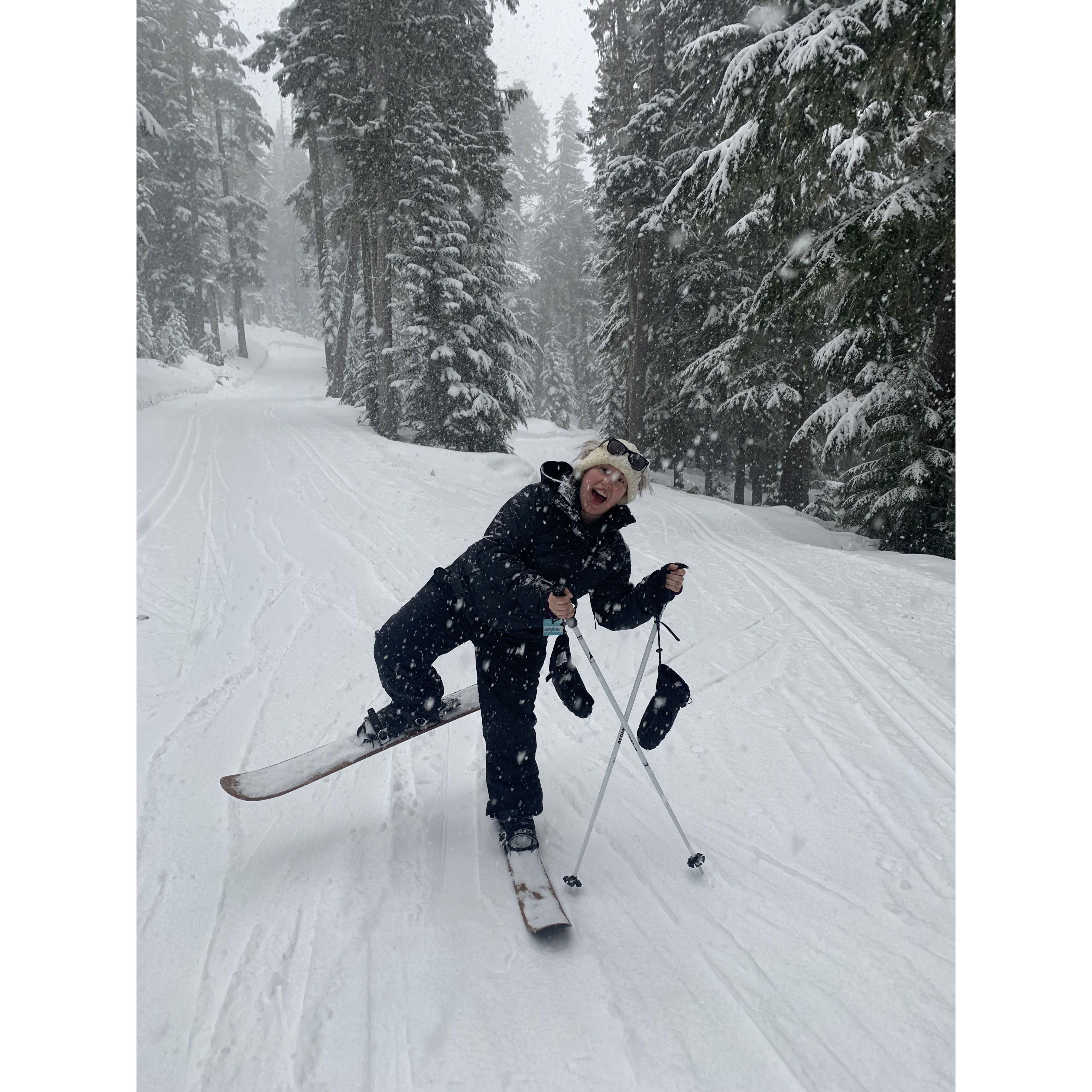 Sylvana sporting her new skis, winter 2021