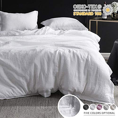 Simple&Opulence 100% Linen Pure Solid Color Embroidery Border Queen King Duvet Cover Set(Multi-Colored Options) (Queen, White)