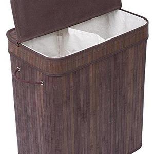 BirdRock Home Double Laundry Hamper with Lid and Cloth Liner | Bamboo | Espresso | Easily Transport Laundry Basket | 2 Section Collapsible Hamper | String Handles