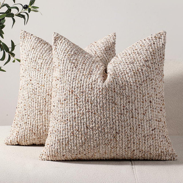 DEZENE Striped Throw Pillow Covers 16x16 Set of 2 Beige Textured Boucle Chic Morden Boho Accent Farmhouse Square Decorative Couch Pillow Covers for Home Decor Bed Sofa Living Room