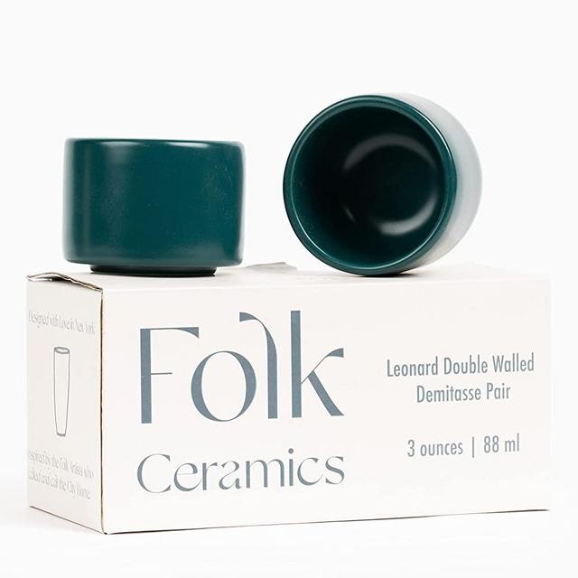 Folk Ceramics Leonard Double Walled Ceramic Espresso Cups | Set of 2, 3oz, Calypso Blue | Insulated Stackable Demitasse Mugs for Espresso | Handleless, Durable, Dishwasher & Microwave Safe