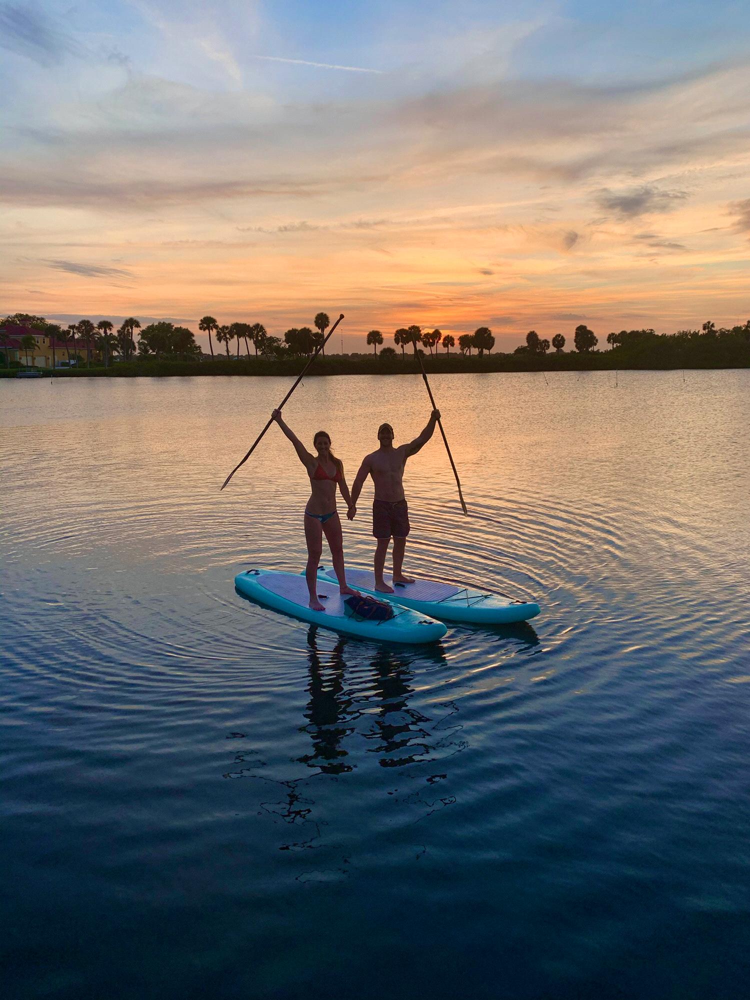 Paddle boarding in Austin’s parents’ backyard at sunset is one of our favorite parts of going home.