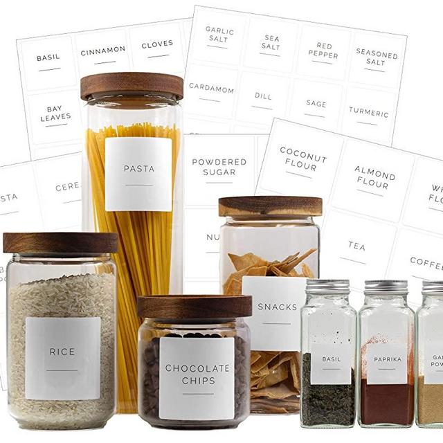Brook & Meadow Kitchen Pantry Labels & Spice Labels- (75 Labels) 48 Spice Jar Labels & 27 Labels for Food Containers- Preprinted Waterproof, Pantry Labels & Food Stickers for Pantry Organization