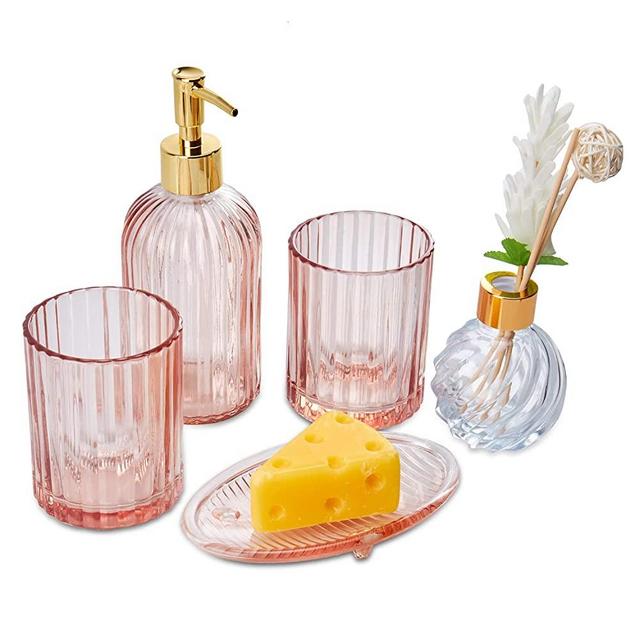 TocTen 5 Pieces Bathroom Accessories Set, Include Lotion Soap Dispenser+ 2 Toothbrush Cup+ Soap Dish+ Essential Oils Diffuser Bottles, Premium Glass Bathroom Vanity Countertop Accessory Set (Pink)