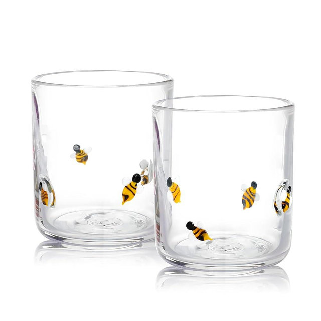2 Pack Icon Juice Glass Bee, Old Fashioned Transparent Cup Heat & Cold Resistant Coffee Cup with Heavy Base, Cute Cocktail Glass Drinking Mug 16 oz, Unique Bee Design for Birthday Gift