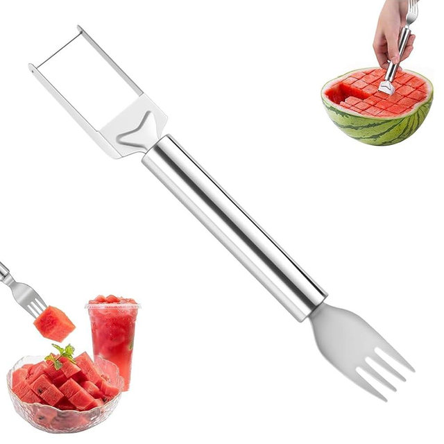 2-in-1 Stainless Steel Fruit Cutter, Watermelon Fork Slicer Tool, Watermelon Slicer and Fork, Dual Head Knife with Round Handle for Kitchen Fruit Cubes (1Pcs)