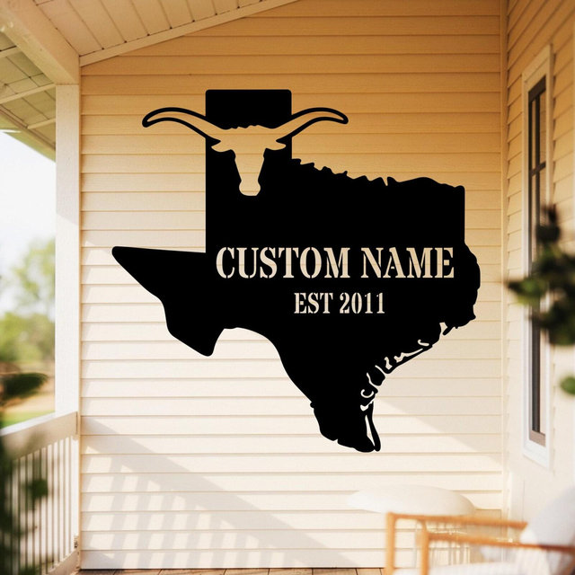 Personalized Texas Metal Sign with Longhorn | Custom Name Ranch Sign, Rustic Texas State Wall Art, Farmhouse or Ranch Outdoor Décor