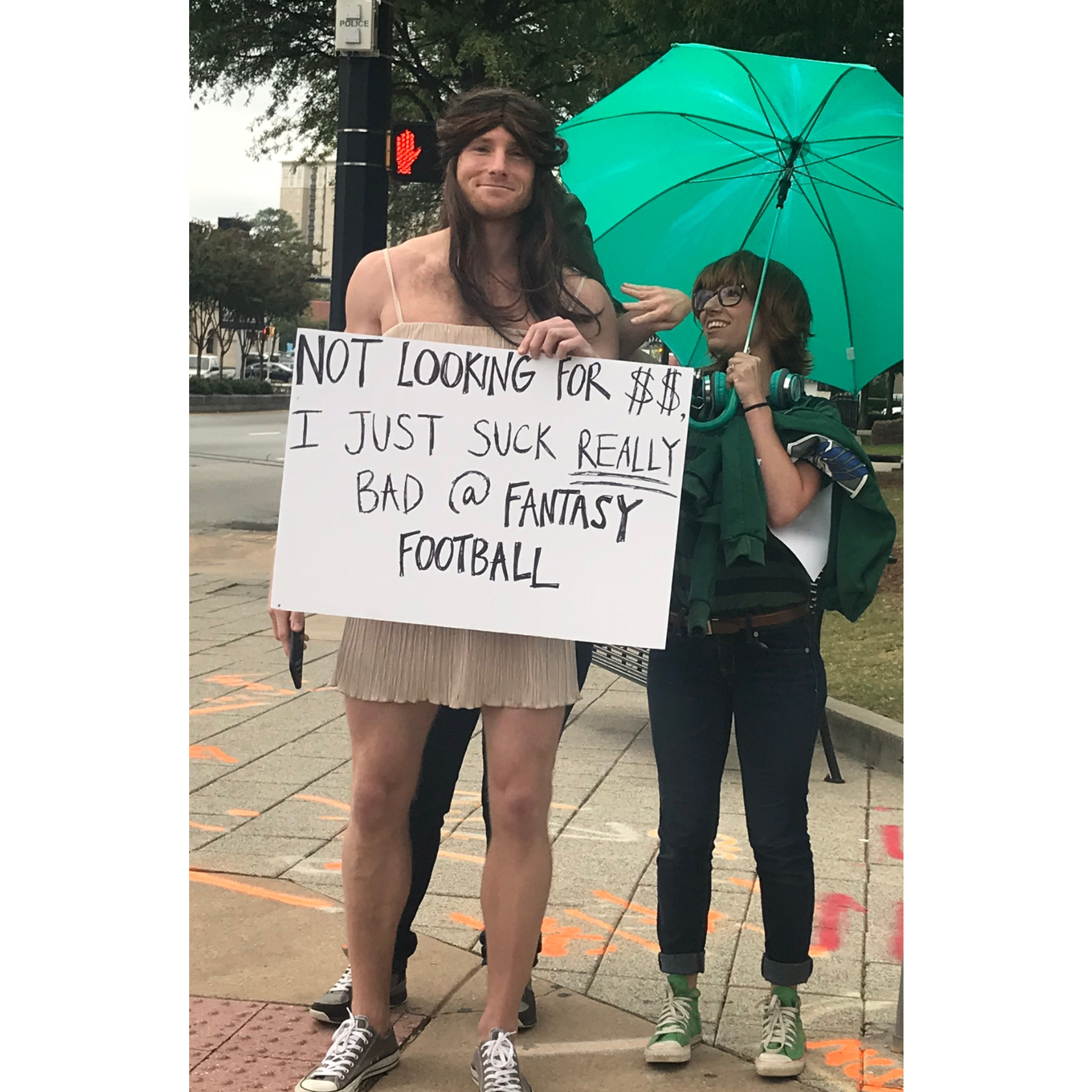 10-28-17
That one time Keaton lost a bet, and had to stand on Peachtree / Piedmont wearing a dress for 30 min