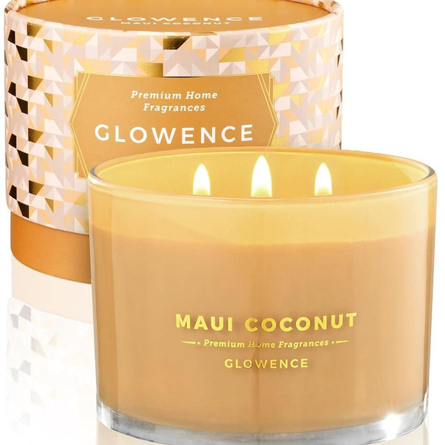 Glowence Luxury Coconut Scented Candle - Large 3 Wick Jar Candle - Elegant Gift for Women & Men - 100% Natural Soy Wax - Up to 40 Hours Burning Time - Housewarming Aromatherapy Candle for Home