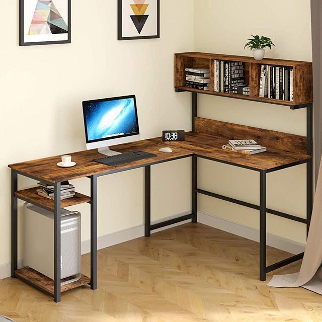 YITAHOME L-Shape Modern Computer Desk with Hutch Storage Bookshelf, 2-Tier Storage Shelves, 69 Inches Corner Writing Gaming Table Workstation for Home Office, Rustic Brown