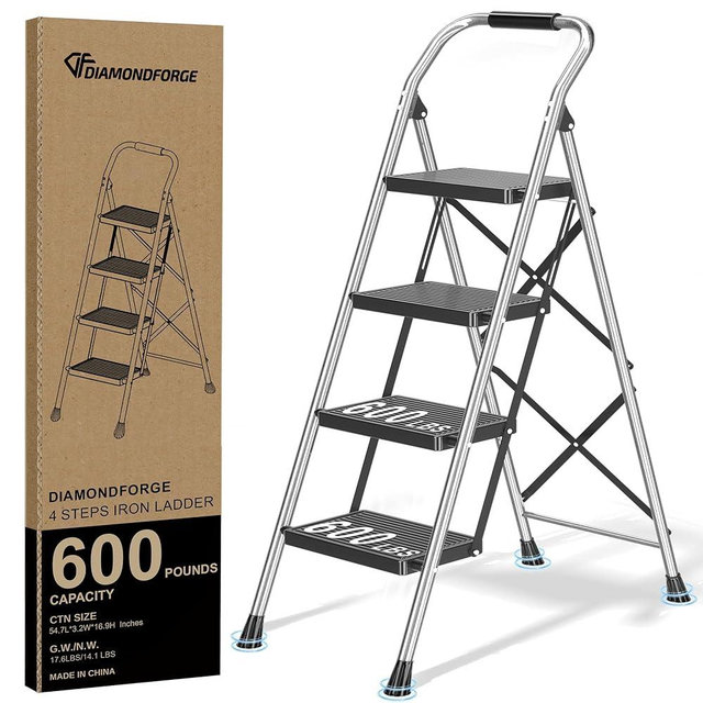 Step Ladder Foldable Folding Stool - for Home Adults Kitchen 4 Stepping Extension Tall Heavy Duty with Handrails - Closet Stepstool Stair Ladders Extendable Stepladder for Indoor House 600Lbs