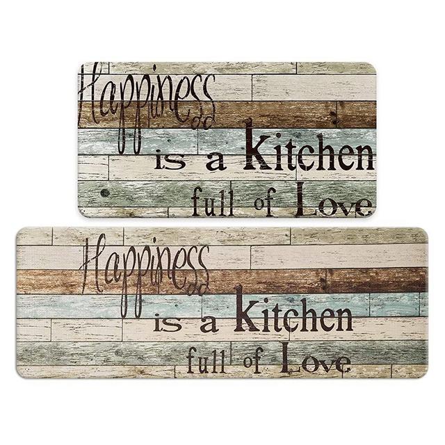 Farmhouse Kitchen Mats Sets 2 Piece Cushioned Anti-Fatigue Comfort Mat for Home & Office Ergonomically Engineered Memory Foam Kitchen Rug Waterproof Non-Skid, 30" by 17" + 47" by 17",Happiness