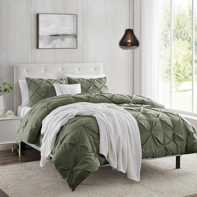 Nestl Olive Green Duvet Cover Queen Size - Pintuck Queen Duvet Cover Set, 3 Piece Double Brushed Duvet Covers with Button Closure, 1 Pinch Pleated Duvet Cover 90x90 inches and 2 Pillow Shams