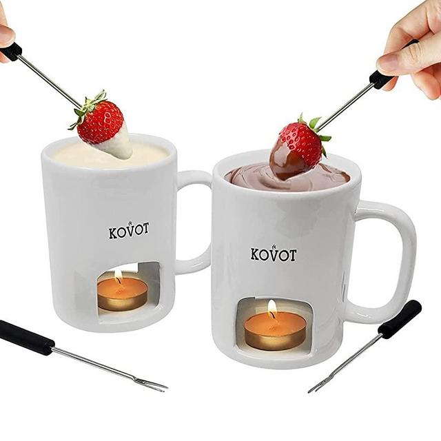 KOVOT Personal Fondue Mugs Set of 2 | Ceramic Mugs for Chocolate or Cheese | Includes Forks and Tealights| Double Vented (White)