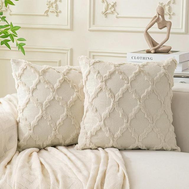 Cozoomy Set of 2 Soft Moroccan Throw Pillow Covers 18x18 Inch Plush Boho Decorative Pillow Cover Accent Cushion Case for Couch Sofa Bed, Beige