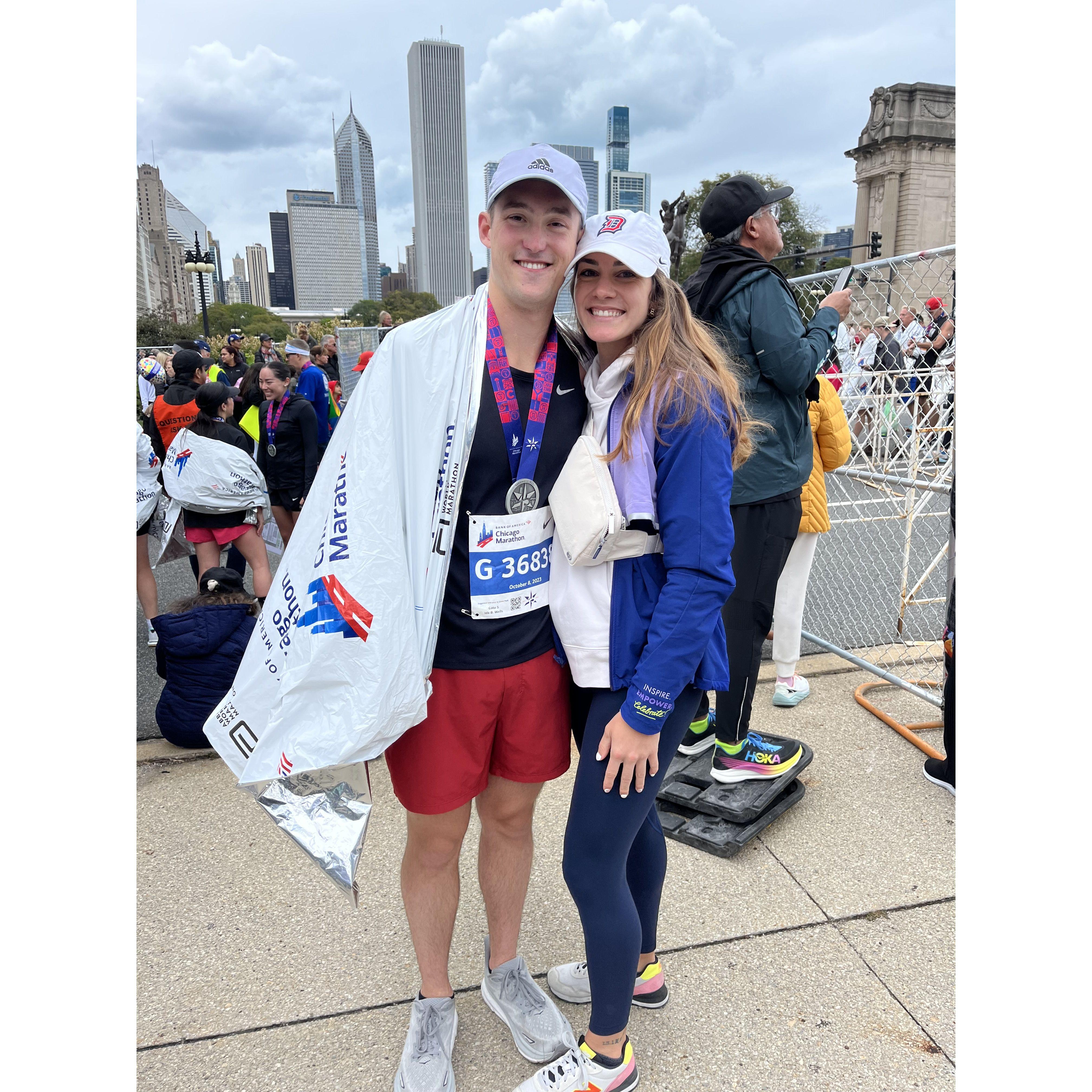 Chris after the 2023 Chicago Marathon - one of the many races we've supported each other in!