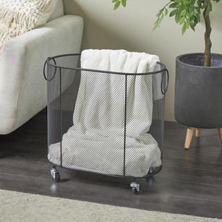 Oval Mesh Wire Rolling Laundry Mobile Storage Cart