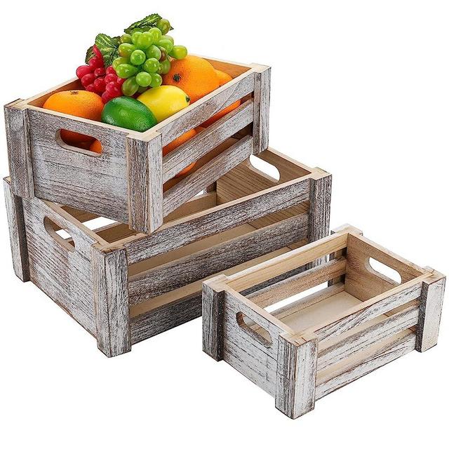ZOOFOX Set of 3 Wooden Storage Crates, Nesting Storage Container with Handles, Decorative Farmhouse Wood Basket for Home, Rustic Bathroom Decor
