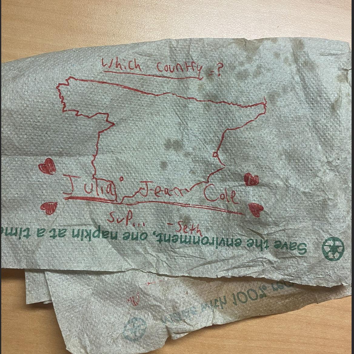 04.16.23 - We were very busy with acedemics but we found sweet ways to stay connected; when I worked in the dish room,Seth would send little notes of drawn countries for me to guess haha!
