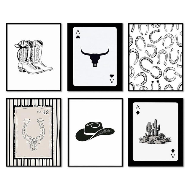 SQKMYSU Vintage Western Cowboy Poster Set of 6, Southwestern Wall Art, Longhorn Bull Skull Wall Decor Cowboy Hat Boots Canvas Painting Prints for Bedroom Living Room Dorm 12x16 inch Unframed