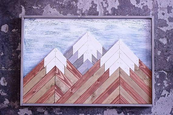 Mountain wood art Reclaimed Lath Mountain Art Wood mountain snow Mountain Wall Hanging Boho Office decor Home Decor Wood vip gifts