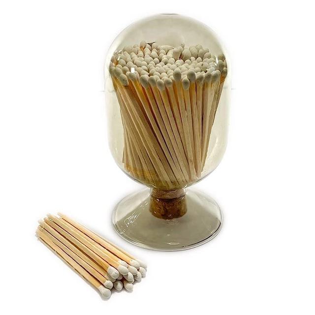 Smoke Gray Glass Matches Cloche | Includes Color Matches & 3 Free Striker Strips!!! | Grey Tinted Decorative Match Holder Jar for Candles Set Display (White Matches)