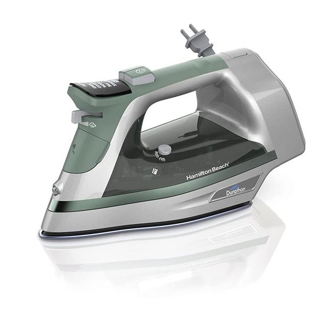 Hamilton Beach Steam Iron & Vertical Steamer for Clothes with Scratch-Resistant Durathon Soleplate, Digital Fabric Selector + 8’ Retractable Cord, 3-Way Auto Shutoff, Anti-Drip, 1800 Watts, Green