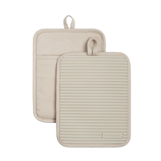 KITCHENAID Ribbed Soft Silicone Pot Holder 2-Pack Set, Milkshake Tan, 7"x9"