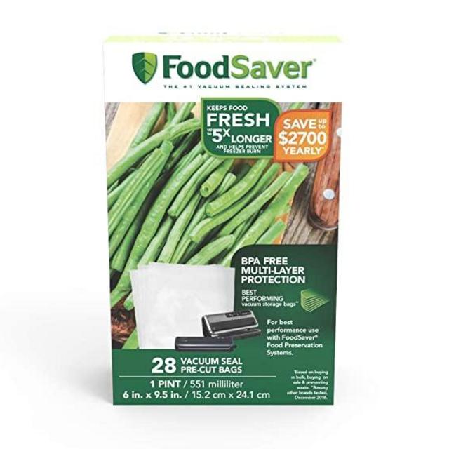 1-Pint Precut Vacuum Seal Bags with BPA-Free Multilayer Construction for Food Preservation, 28 Count