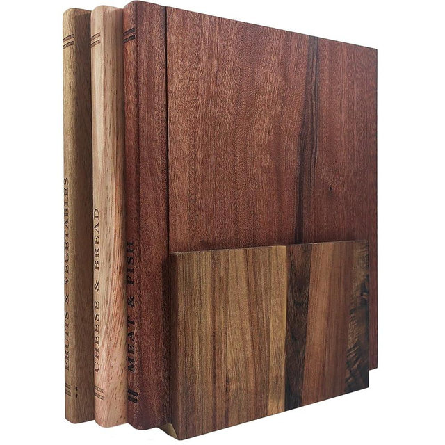 Resafy Book Cutting Board Set of 3,Acacia Wooden Decorative and Functional Cutting Boards with Wooden Stand Library,Fruits, Vegetables, Meat, Fish, Cheese and Bread | Statement Piece for Countertop