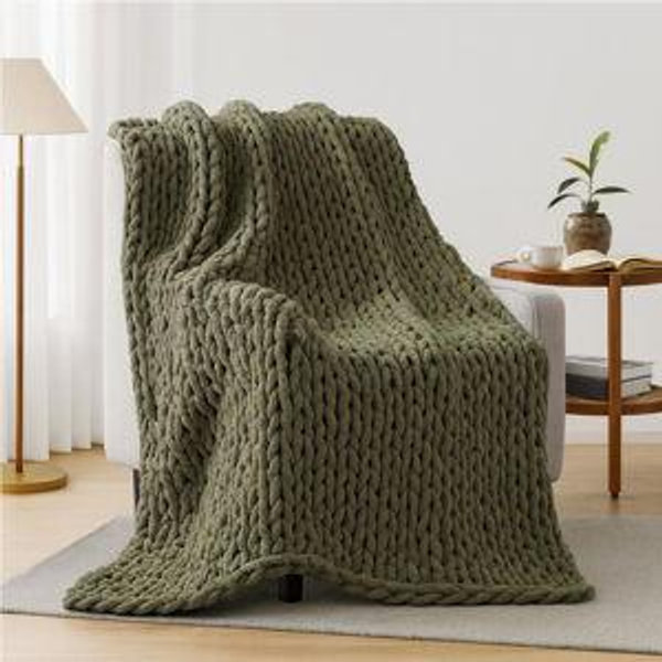 Peace Nest Handmade Chunky Knit Chenille Yarn Throw Blanket 50"x60", Sage Green - sage green