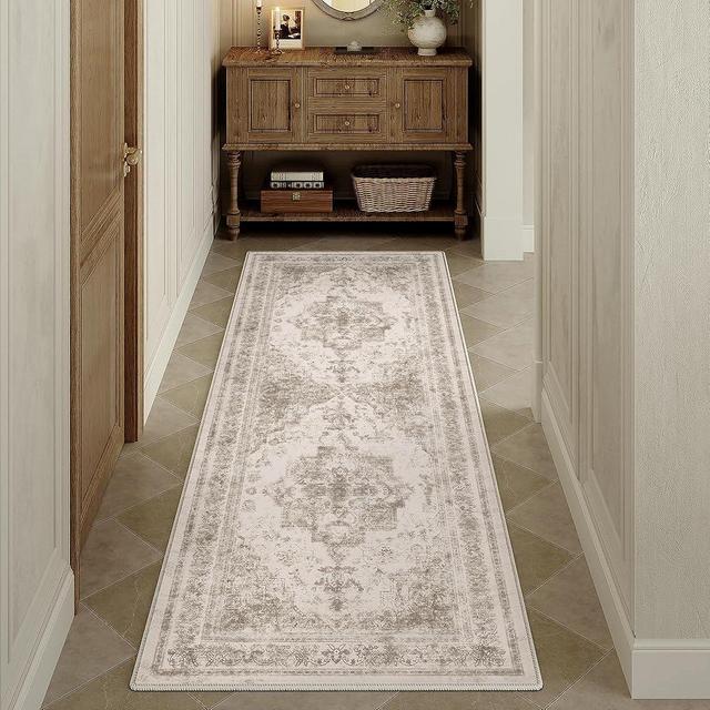 PureCozy Runner Rug 2x6 Washable Taupe Hallway Runner Vintage Boho Medallion Non Slip Distressed Retro Carpet Indoor Low Pile Long Soft Rug for Kitchen Entryway Bedroom Bathroom Laundry