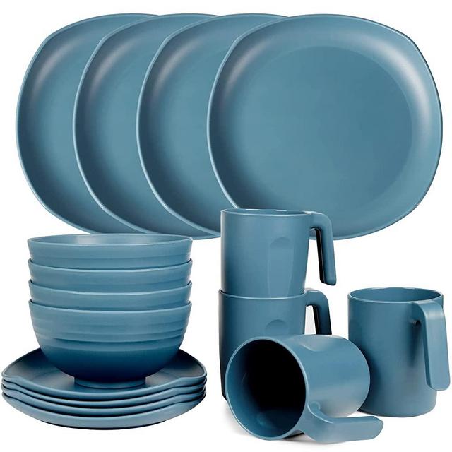 shopwithgreen Plastic Square Dinnerware Sets，16PCS Lightweight & Unbreakable Camping Tableware，Microwave& Dishwasher Safe Plates Set, Bowls, Cups Mugs for 6, Great for Adults(Dark blue)