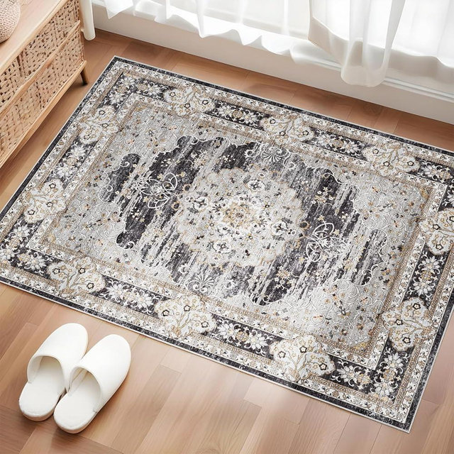 Puino Washable Entryway 2x3 Rug: Small Boho Rugs for Indoor Entrance Non Slip Backing Stain Resistant Carpet Low Pile Throw Rugs for Bedroom Bedside Inside Front Door Floor Kitchen Decor(Black,2x3FT)