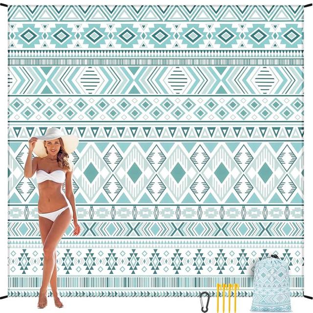 WIWIGO Beach Blanket Sandproof Extra Large Beach Mat Adults Waterproof Quick Drying Sand Free Mat Made by Premium Polyester with 4 Stakes & 4 Corner Pockets for Outdoor Travel Camping Hiking