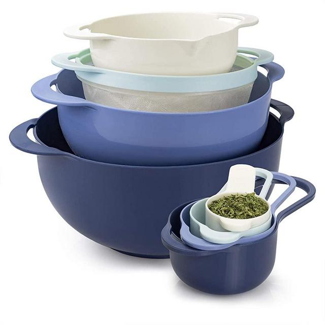 Cook With Color 8 Piece Nesting Bowls with Measuring Cups Colander and Sifter Set | Includes 2 Mixing Bowls, 1 Colander, 1 Sifter and 4 Measuring Cups, Blue