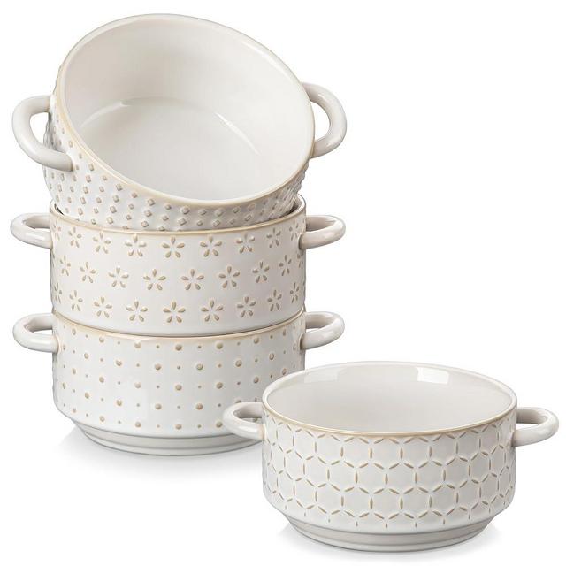 MALACASA 20 oz Ceramic Soup Bowls with Handles, Set of 4 – Oven & Microwave Safe French Onion Soup Bowls, Unique Embossed Patterns, Dishwasher Safe for Soups, Stews & Desserts, Series LYDIA
