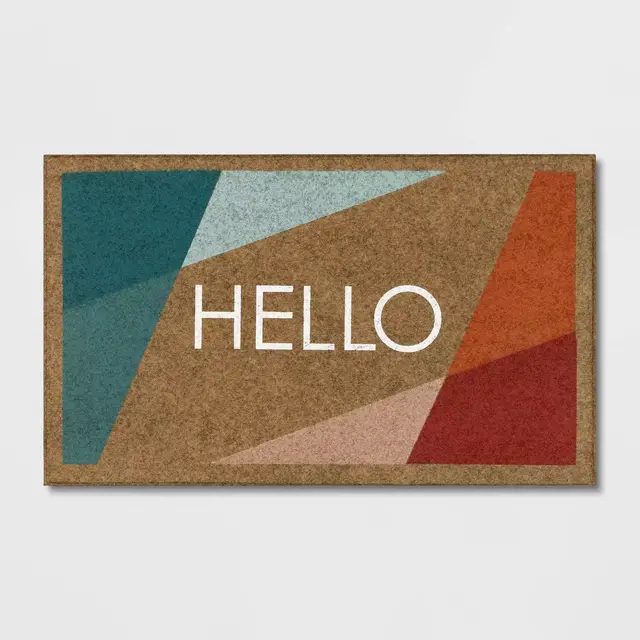 1'6"x2'6" 'Hello' Bright Block Faux Coir Doormat Beige - Room Essentials™: Outdoor Welcome Mat, High Pile, All-Weather