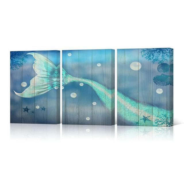 HOMEOART Mermaid Bathroom Decor Mermaid Painting Picture Prints on Canvas Coral Starfish Wood Texture Background Blue Artwork Bathroom Decor 12"x16"x3 Pieces