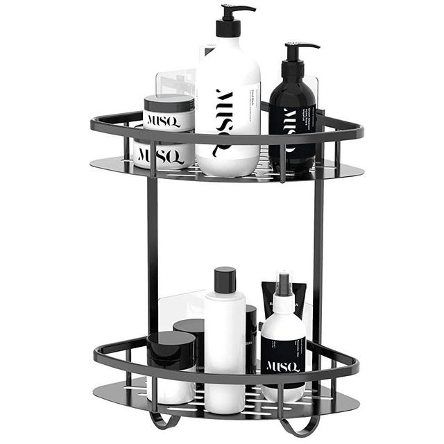 Flowmist 2 Tiers Corner Shower Caddy, Shower Organizer, Wall Mounted Aluminum Shower Shelf with Adhesive(No Drilling), Storage Rack for Toilet,Shampoo,Dorm and Kitchen (Black)