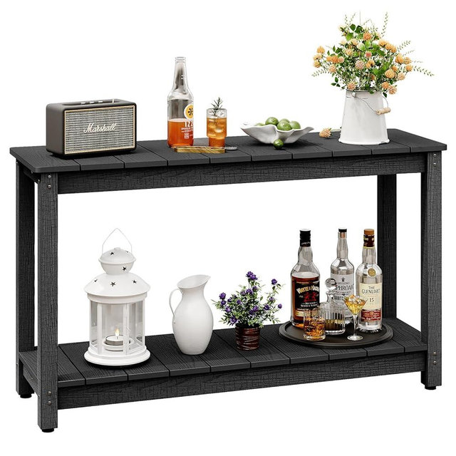 LAHAAP Outdoor Console Table, 48" Weather Resistant HIPS Patio Side Table, 440LBS Weight Capacity, 2-Tier Multifunctional Buffet Bar Storage Organizer for Garden Deck, Black