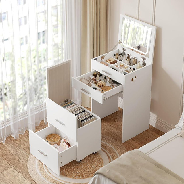 PulseFay Compact Vanity with 3 Drawers, 3 in 1 Vanity Desk, Makeup Desk with Flip-up 3 Colors Lighting Mirror and Cushioned Stool, Small Vanities Nightstand Perfect for Bedroom, White