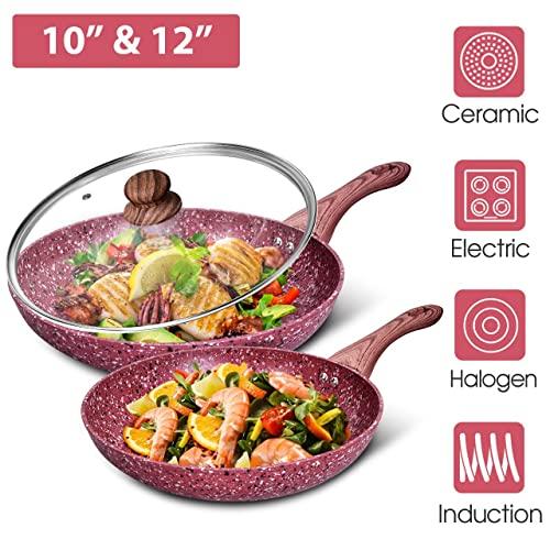 10”+12‘"Non-Stick Frying Cookware Sets with Lids - Ultra Nonstick Frying Pan Sets with Stone-Derived Coating, PFOA & APEO Free, Aluminum Alloy, Ergonomic Bakelite Handle, Skillet Pan Cookware.