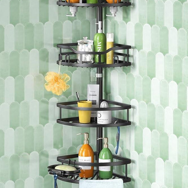 HAMITOR Corner Shower Caddy Tension Pole: Rustproof Stable 4-Tier Bathroom Organizer Shelves for Bathtub Shampoo Storage - 47-121 Inch Quick Install Adjustable Standing Rack with Soap Rack - Black