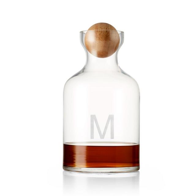 "M" Monogrammed Glass Decanter with Wood Stopper