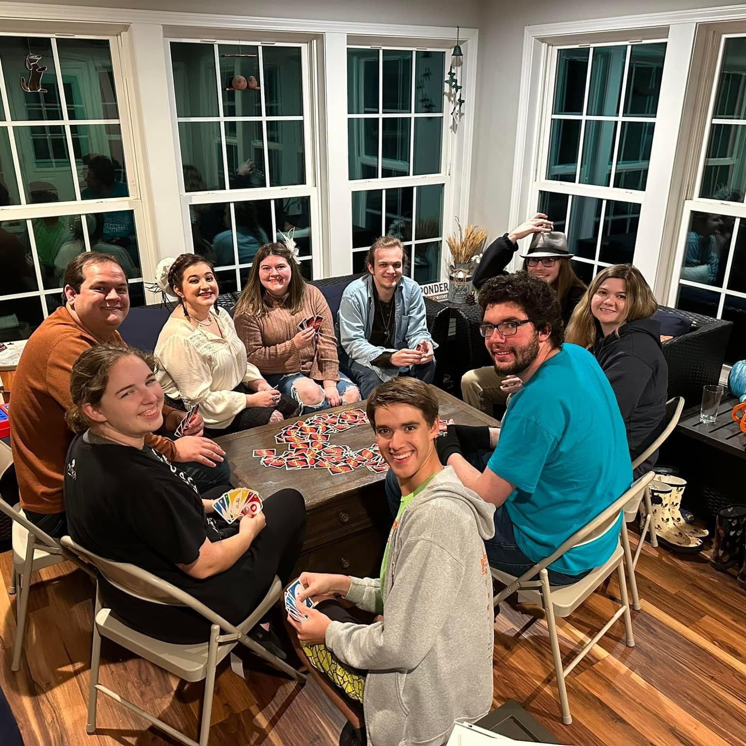 Another game night! Pictured: Josh Saadati, Christa, Jacob, Sabrina, Kaitlyn, Baiden, Nathanael, and Emily
